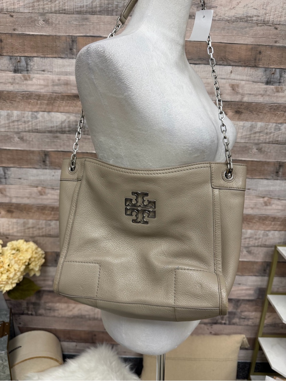 Tory Burch Khaki Pebbled Shoulder Tote w/ Silver Chain